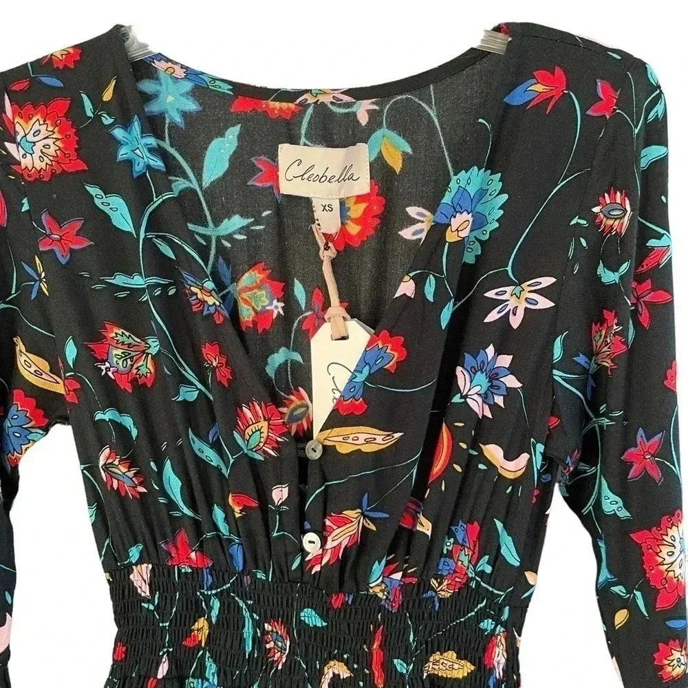 Cleobella Mini Dress Black Floral Ruffles Long Sleeves NWT - Picture 3 of 7